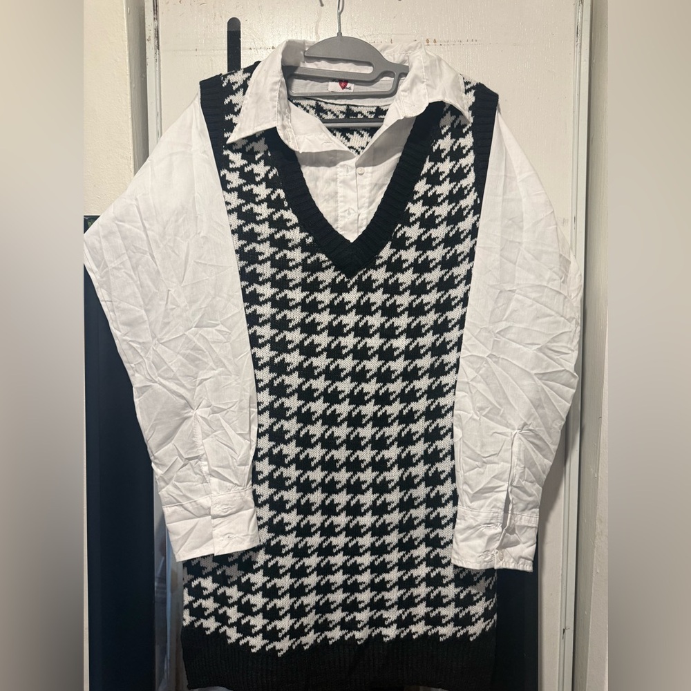 Black and White Houndstooth Sweater Vest with Shirt